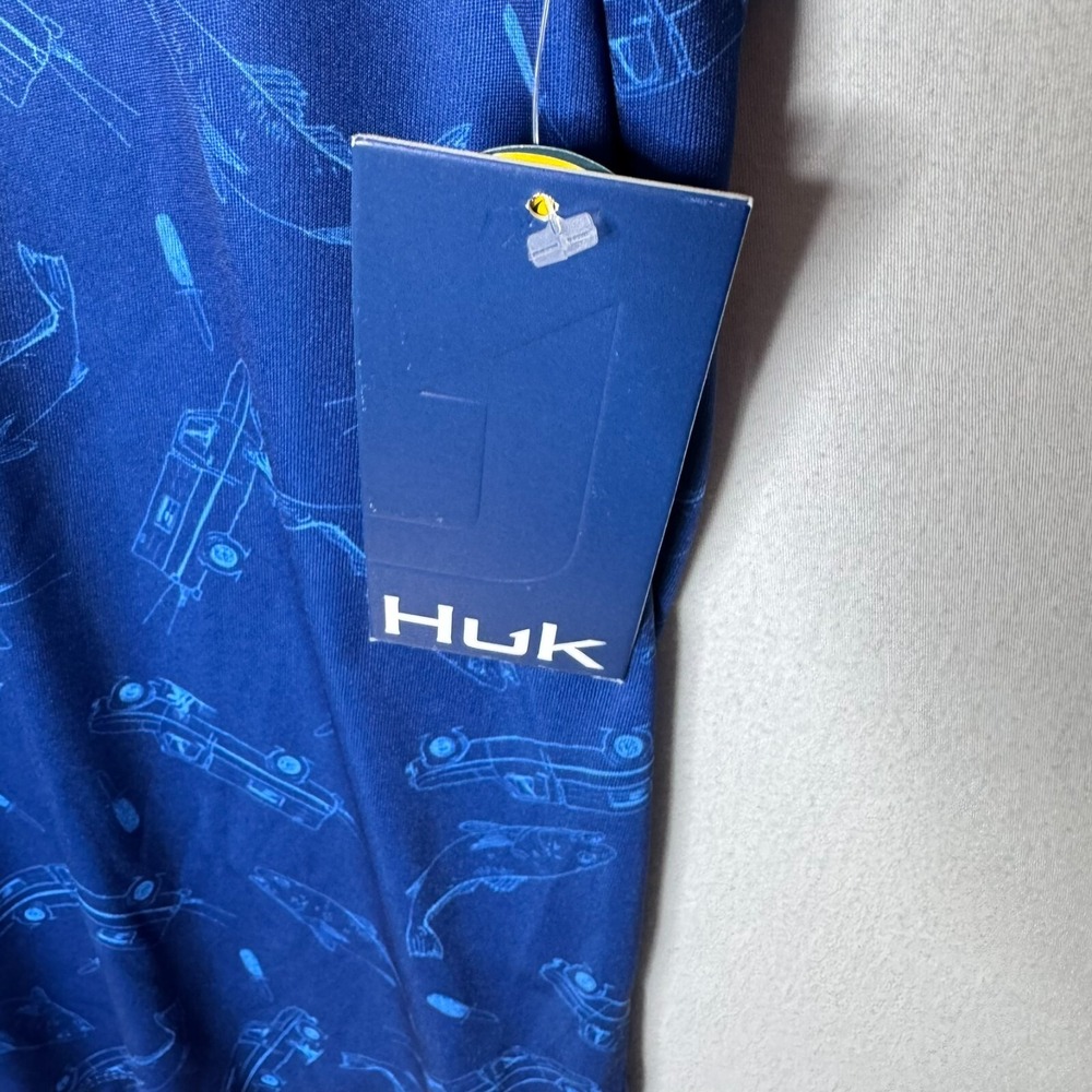 Huk Fishing Polo Hewes Boats Mens S NEW Blue Fish Wagon All Over Geometric Print - Picture 3 of 11
